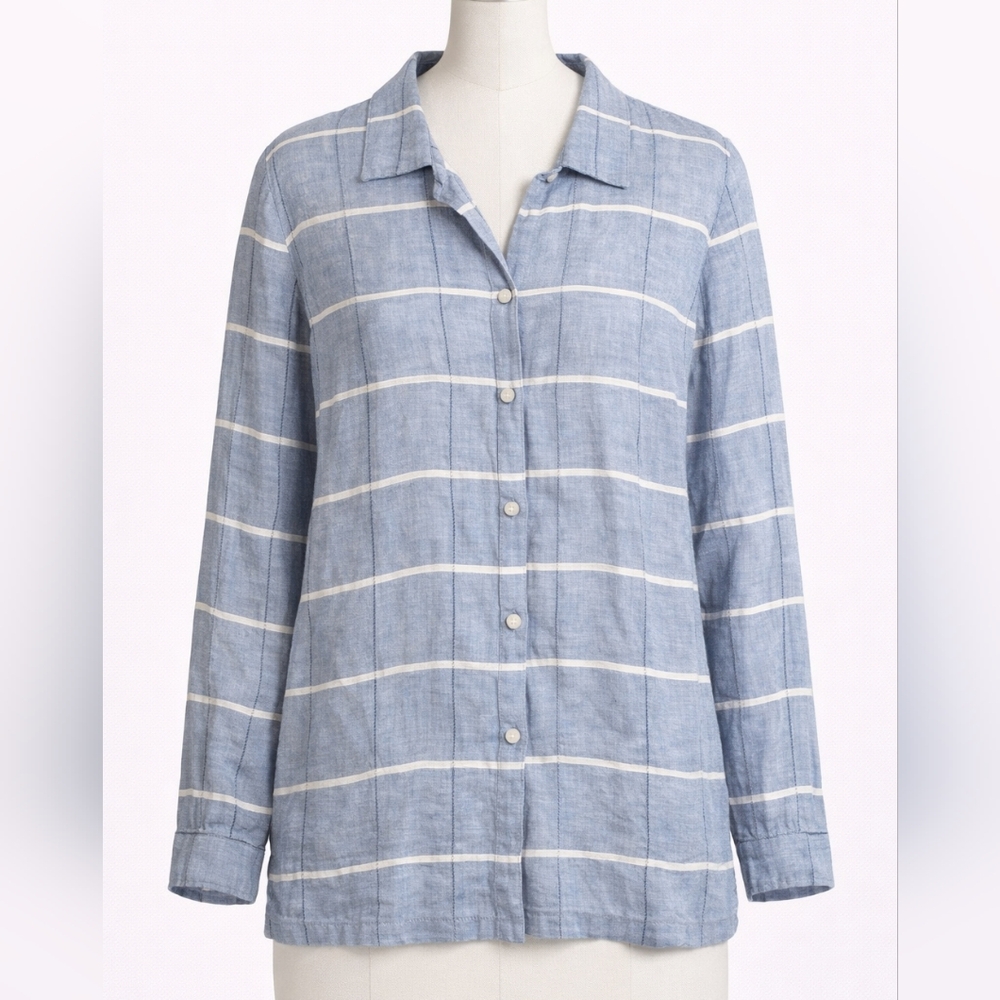 Corbin Collection Blue and White Button-Up Shirt Womens Buisness Casual Costal S
